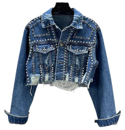Crop-Fitted-Jeansjacke Für Damen – Kurze Damen-Jeansjacken Im Vintage-Stil, Button-Down-Jacken, Oberteil, Nieten-Diamant-Jeansjacke, Ausgefranstes Perlenjacken-Oberteil, Blau, L