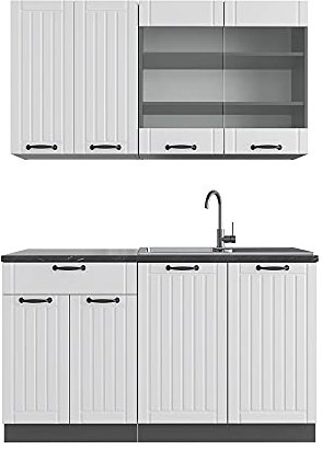 Vicco Singleküche Fame-Line, Weiß Landhaus/Anthrazit, 140 cm, AP Anthrazit