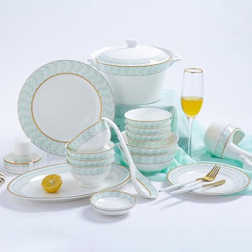 Juego de vajilla de 56 piezas para 10 personas, juego de vajilla de porcelana de hueso verde azulado con plato llano/plato de postre/tazón de sopa/olla de sopa, juego de cuencos y platos, vajilla de