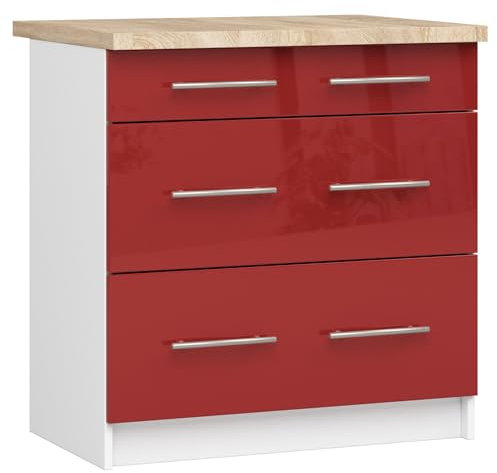 3E 3xE living.com Freistehender Küchenschrank: DREI Schubladen, Farbe: Weiß | glänzend Rot, A: B: 80 cm, H: 85 cm, T: 46 cm.
