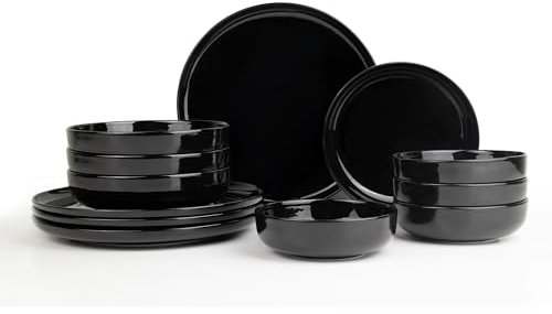 KÜTAHYA PORSELEN Tafelservice 12-teilig | Porzellan Geschirr Set für 4 Personen | Teller & Schüssel Set in Schwarz | Spülmaschinen- & Mikrowellengeeignet | Modern & Elegant