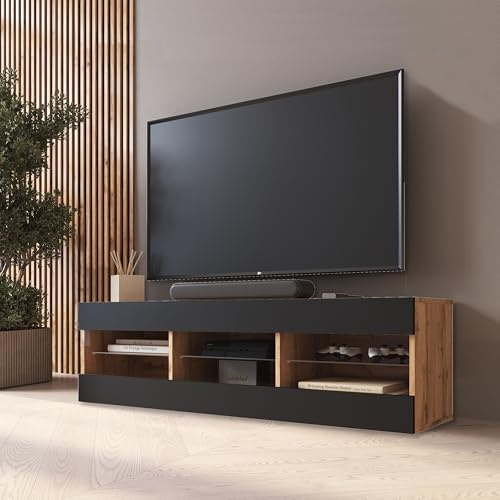 Komodee TV Schrank Tivoli Schwarz/Eiche 140x40,5x35,5 cm | Komodee TV Schrank Tivoli, Schwarz/Wotan, Breite 140cm x Höhe 40,5cm x Tiefe 35,5cm, ohne LED, für Wohnzimmer, Schlafzimmer