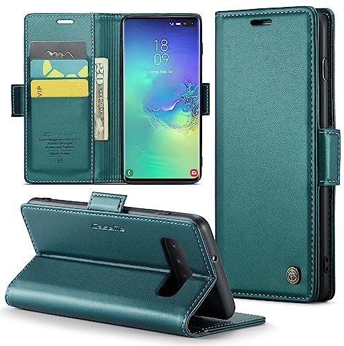 Rerzoiro Handyhülle für Samsung Galaxy S10 Plus Hülle, Premium PU Leder Klapphülle RFID Schutzhülle Magnet Kartenfach Standfunktion Flip Wallet Tasche Case Kompatibel Samsung S10 Plus, Türkis