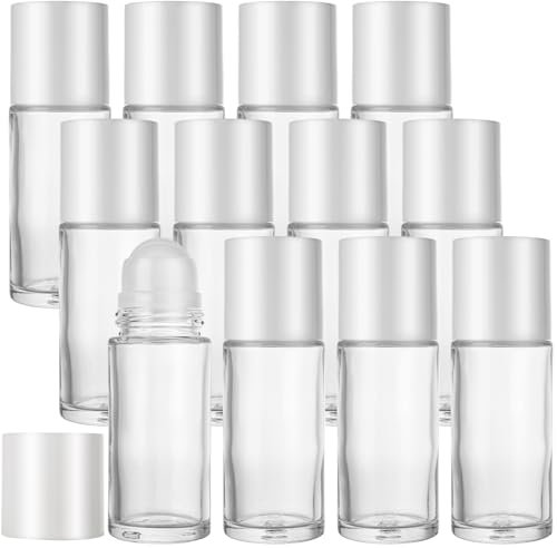 EATHEATY 12 PCS 50ML Round Glass Empty Roller Bottles, Refillable Roller Ball Applicator Glass Deodorant Roller Bottle with Lid, Roll On Bottles Containers for Perfume, Essential Oils, Cosmetic
