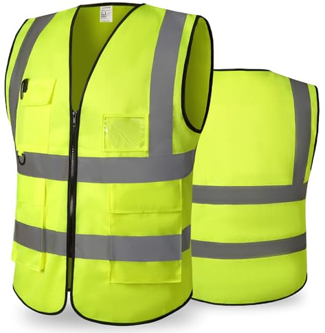 Reflektierende Arbeits Warnweste Sicherheitsweste mit 5 Taschen, Pink, 46 | ReißVerschlusstaschen Reflektierende Arbeitsweste, Atmungsaktiv FüR Baustelle, Fahrrad & Nachtarbeit Hohe Sichtbarkeit
