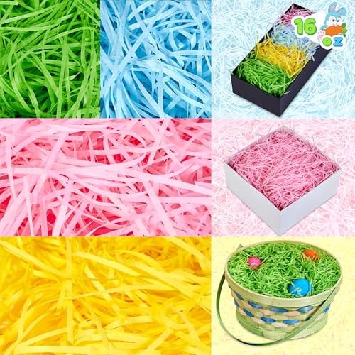 JOYIN 16oz (453g) recycelbare Ostergras-Papierschnitzel zum Verpacken von Geschenken, zum Füllen von Körben, zur Ostereiersuche und für Osterpartygeschenke (Rosa, Gelb, Himmelblau und Grün)
