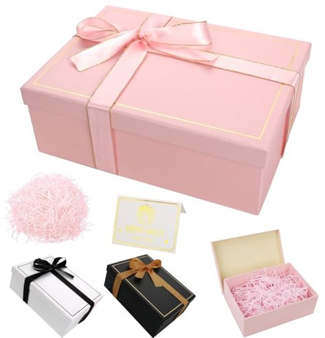 Geschenkbox Geschenkbox mit Deckel 25 x 18 x 8,5 cm, Rechteckige Geschenkverpackung Geburtstag mit Schleife Geschenkkarton mit Deckel für Hochzeit Geburtstag Weihnachten (Rosa)