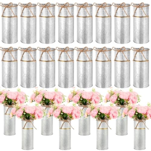 Mimorou 16 Pcs 7.48 Inch Vases for Centerpieces Galvanized Flower Vase Metal Vase with Twine Bow Rustic Vintage Vases Tin Wedding Mason Jars Farmhouse Vase Bucket Decor for Home Table (Silver)