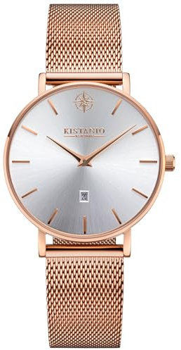 Kistanio Petit Damenuhr mit Milanaiseband Datum Edelstahl Rose Silberfarben Saphirglas RG-SI-M