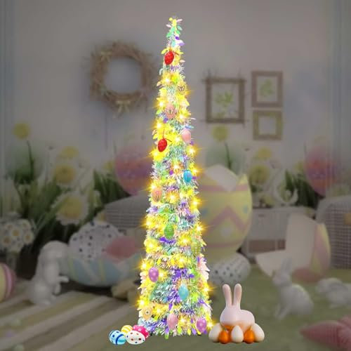 Árbol de Pascua con 5 Metros de Cuerda de Luces (Sin batería), Árbol de Huevo de Pascua, Árbol de Navidad Plegable para Pascua, Navidad, Decoración del Hogar, 2 Modos de Luz (35x150CM Lentejuelas)