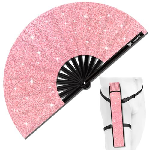 Raveahem Glitter Large Rave Folding Clack Hand Fan with Holster for Men/Women Handheld Fan for EDM,Festival,Club,Party,Dance (Pink)