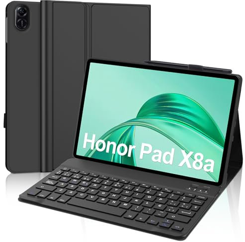 WAVATA Funda Teclado para Honor Pad X8a 11, Español Ñ Bluetooth Desmontable Teclado para Honor X8a Tablet 11 Pulgadas 2024, Negro