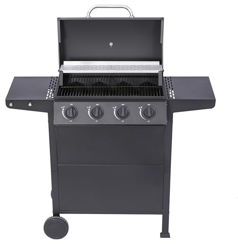 BBQ Kingdom 4-Burner Gas BBQ Grill with Two Side Tables, Warming Rack, Removable Grease Tray, Storage Shelf, Utensil Hooks, Wheeled, Thermometer, Adapator, Hose and Weather Cover Included, Black