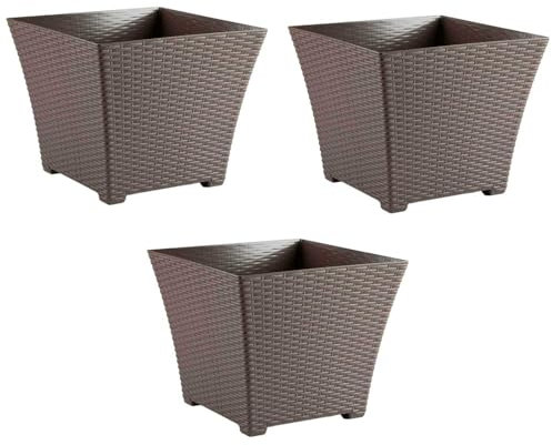AC - Pack de 3 Macetas Rattan Cuadradas de plástico, Tiesto, macetero, Recipiente para Plantas, Flores, jardín, terraza, hogar, Fabricadas en España (Marrón Topo - 30 cm)