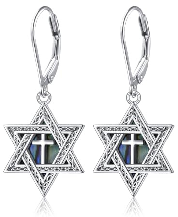 925 Sterling Silber Davidstern-Ohrhänger, oxidiertes Kreuz, Abalone-Muschel-Ohrringe, religiöser christlicher Gothic-jüdischer Hexagramm-Schmuck, Geburtstags- und Ostergeschenk für Frauen und Männer