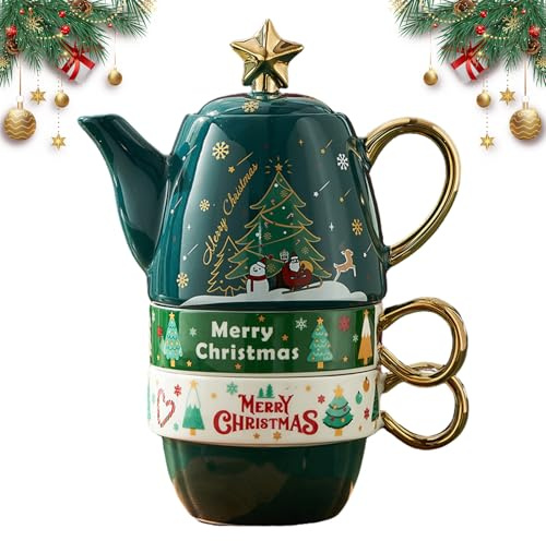 Paquete de regalo de taza de té rojo de Navidad con 2 tazas de té, juego de tazas de té nórdico, taza de leche británica, taza de café floral, tazas de té de la serie de Navidad, teteras para 2 (árbol