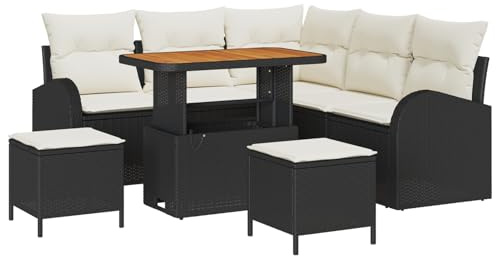 Homgoday 8-teiliges Gartensofa-Set mit Kissen Schwarz Poly-Rattan Akazie, 2-Sitzer Gartensofa mit Kissen Schwarz Poly-Rattan, 3-teiliges Garten-Dining-Set mit Kissen Schwarz Poly-Rattan Akazie Outdoor