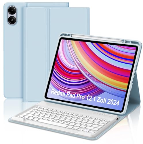IVEOPPE Hülle mit Tastatur für Redmi Pad Pro 12.1, Tastatur für Xiaomi Poco Pad 2024, Bluetooth Magnetisch Keyboard für Redmi pad Pro/Xiaomi Poco pad 12.1 Zoll 2024, Babyblau