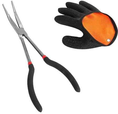 KQDRAVINE Angelzange 28cm mit Rechter Handschuh, Hakenlöser Angeln Hakenlöser Zange Arterienklemme Angeln Angel Zange, Fishing Accessories zum Fang von Raubfischen Verwendet