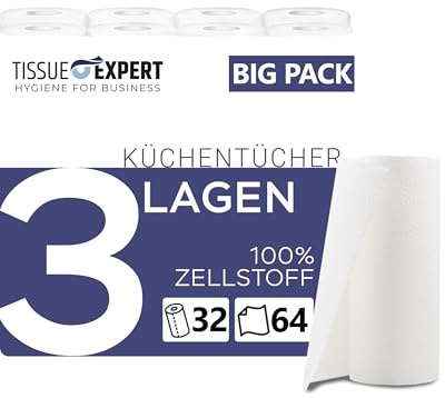 Tissue Expert Küchentücher, 32 Rollen á 64 Blatt, 3-lagige Küchenrollen, 100% Zellstoff, saugstarke Haushaltsrollen, Allzwecktücher, Papiertücher, Papierhandtücher, Küchenpapier