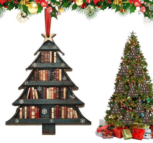 Zhliuqo 2 Stück Buch-Weihnachtsbaumschmuck, Weihnachtsbaum Form Bücher Anhänger aus Holz für Bücherliebhaber Christbaumschmuck gestapelt Bücherstapel Anhänger für Lehrer und Bibliothekar, 9x7,8cm