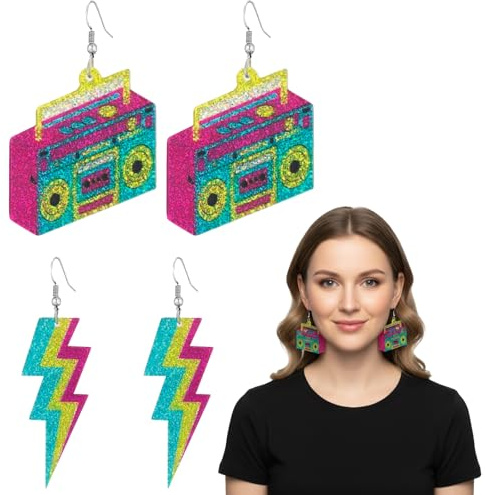 Yuwnd Neon Party Outfit, 2 Paar Ohrringe (Radio 2PCS + Blitz 2PCS), 90er Party, 80er 90er Jahre Outfit Damen Mottoparty, Neon Outfit Damen