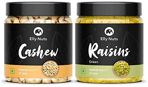 Elly Nuts Combo Pack of 500 gms Cashew Nuts| Kaju & Green Raisins| Hari Kishmish Combo Pack 250 gms Each | Kaju & Kishmish [Jar Pack]