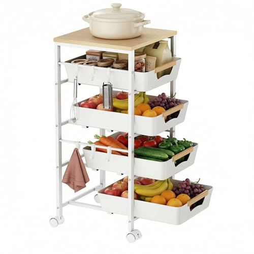 Uwoodia Küchenwagen mit 5 Ebenen & herausnehmbarer Schublade, Aufbewahrungswagen aus Metall mit Holzplatte, belüfteten Körben und Rollen, Snack-Organizer für Obst und Gemüse(32,5x36,5x82 cm, Weiß​​)