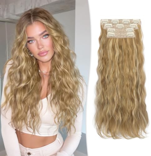 RUWISS Clip in Extensions, 45 cm Lange Gewellte Wellige Clip in Haarverlängerung 4PCs Synthetik Hair Extensions für Frauen, Goldenblond mit Highlights