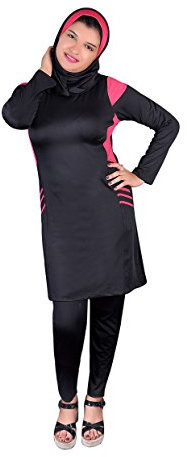 Egypt Bazar Ganzkörper islamischer Badeanzug im Burkini Stil muslimischer Schwimmanzug Hijab (40-42 (M), schwarz/pink)