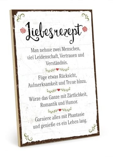 TypeStoff Holzschild mit Spruch – LIEBESREZEPT – Grafik-Bild bunt, Schild, Wandschild, Türschild, Holztafel, Holzbild als Geschenk und Dekoration - HS-00314