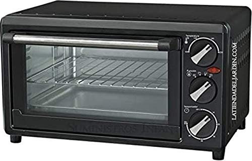 Forno elettrico 1200 W, 14 litri, acciaio inox, nero, temperatura regolabile 100-230 °C, porta doppia vetro e maniglia in acciaio inox, selettore 6 posizioni, timer 60 minuti