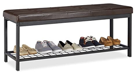 Relaxdays Schuhbank XXL, bequemes Sitzpolster, offen, große Gitterablage für Schuhe, Metall, HxBxT: 49x115x40cm, braun
