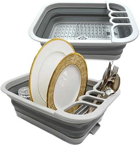 SAMMART Collapsible Dish Drainer with Drainer Board - Foldable Drying Rack Set - Portable Dinnerware Organizer - Space Saving Kitchen Storage Tray (2, Grey)
