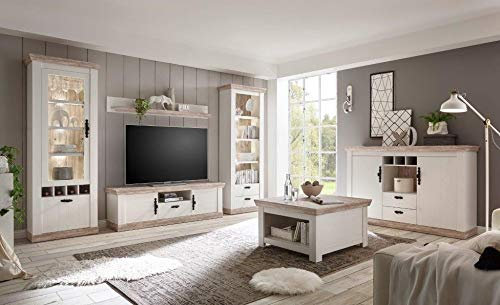 Wohnkombination Kiruna II 6tlg. Set, Pinie weiß, Oslo Pinie Nachbildung, Wohnzimmer, Möbel, Wohnzimmerset, Wohnzimmermöbel, Wohnwand, Sideboard Größe ohne Beleuchtung