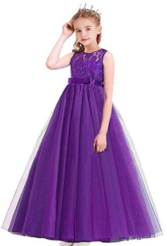 MYRISAM Filles Pageant Robe de Princesse en Dentelle sans Manches Robe de Mariage Soirée Carnaval Communion Anniversaire Cérémonie Noël Fête Longue Tulle Bal Violet Profond 13-14 Ans
