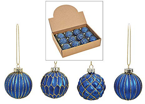 MC-Trend 12er Set edle Luxus Glas Weihnachtskugeln Ø 6cm Weihnachtsbaum Kugeln Christbaumkugeln Weihnachts Deko (BLAU Gold)