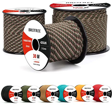 Brotree Paracord 3mm 50M 100% Nylon Seil Schnur Typ II Paracord 425 mit 3 Kern für Survival, Outdoor, Armband, Basteln - Bruchlast 192kg (Wald Tarnung)