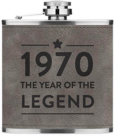 Personalised 6oz PU Leather Hip Flask Grey The Year of The Legend Birthday 18th 21st 30th 40th 50th 60th 70th 80th