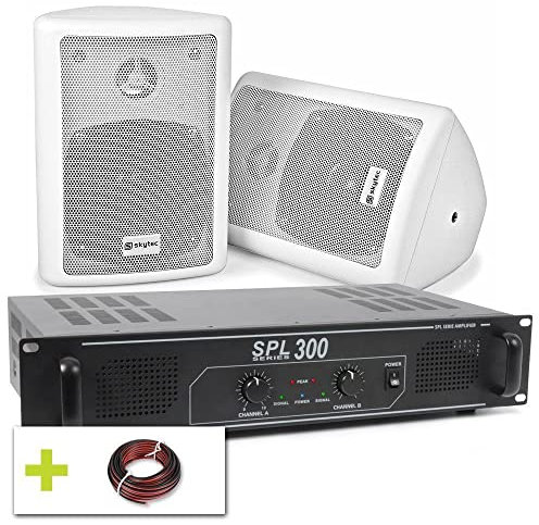 Skytec Set Stéréo - Paire d'Enceintes 2 Voies 75W - Blanc, avec Amplificateur Professionnel 2X 150W et Câble, Idéal pour Diffusion d'Annonces ou Musique d'Ambiance
