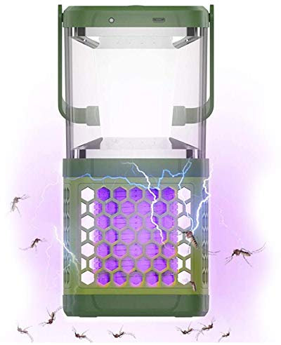 BAKAJI A12067-37-A Lanterne Moustiquaire Electrique UV Lampe Recharge Solaire et USB Ampoule Lumière d'urgence LED Électro-Insecticide avec Crochet pour Camping Maison Anti Moustiquaire Mouches Vert