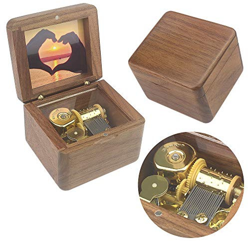 Sinzyo natürliche hölzerne Spieluhr mit anpassbaren Fotos für Weihnachten, Geburtstag (Minimalistisches Walnussholz, Melodie:You Are My Sunshine)