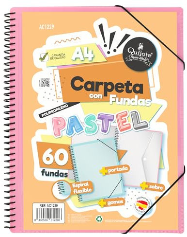 Starplast Dossier Pochettes spiralées flexibles - 60 pochettes transparentes, A4, fermeture élastique, couverture en polypropylène, personnalisable, utilisation scolaire et de bureau - rose pastel