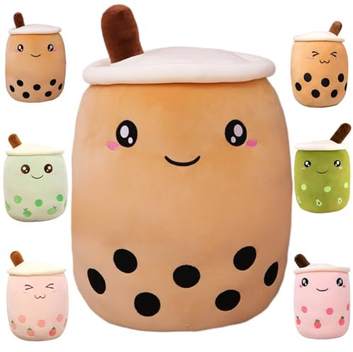 Kekeso Boba Stofftier Plüschkissen Weiches lebensechtes Bubble Pearl Milk Tea Kuschelkissen Cartoon Plüsch Rückenkissen Geschenk Spielzeug (Brown-Big Eyes, 50cm/19.68inch)