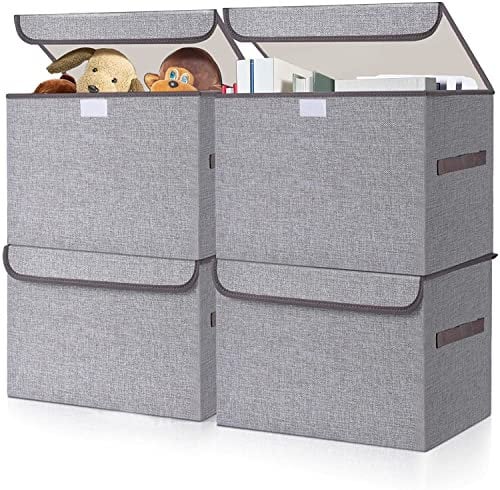 Bagnizer Large 22 Quart Linen Fabric Foldable Storage Bin Cube Organizer Basket with Flip-Top Lid & Handles, Clothes Blanket Box for Home, Office, Closet, Gray, 4 Pack, 37x24x24cm