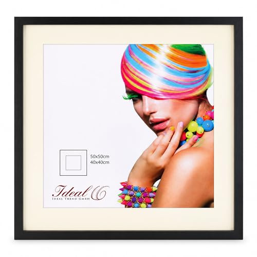 IDEAL TREND 3D Objektrahmen Bilderrahmen mit Passepartout & gehärtetem Glas Holz MDF Rahmen Foto Poster: Farbe: Schwarz | Format: 50x50