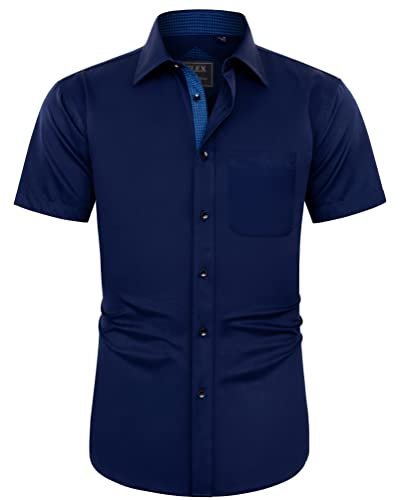 J.VER Men's Short Sleeve Shirt Regular Fit Business Casual Dress Formal Shirt Button Down Wedding Work Office Stretch Non Iron Navy Blue M