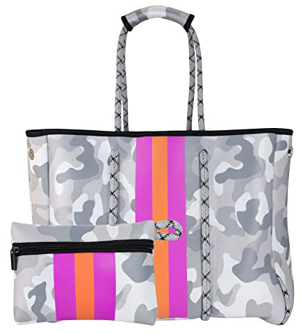 QOGiR Neopren-Mehrzweck-Strandtasche mit Innentasche mit Reißverschluss (Weiß, Camouflage, Größe XL)