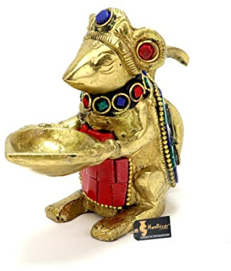 Two Moustaches Edelsteinarbeit Messing Ganesha Maus hält Öllampe Diya, Standard, 1 Stück