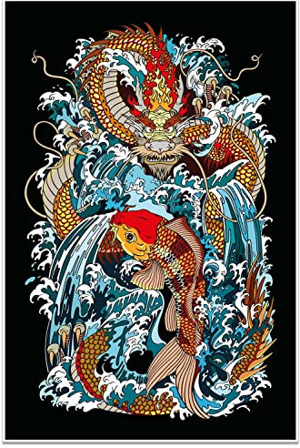wandmotiv24 Poster als Wanddeko, Größe 60x40cm, Drache, Fisch, Japan, Moderne Wanddeko, Wandbilder, Deko, Bild M0246